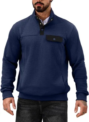 Men's Quilted Sweatshirt Casual Waffle Stand Collar Button Pullover Sweatshirts