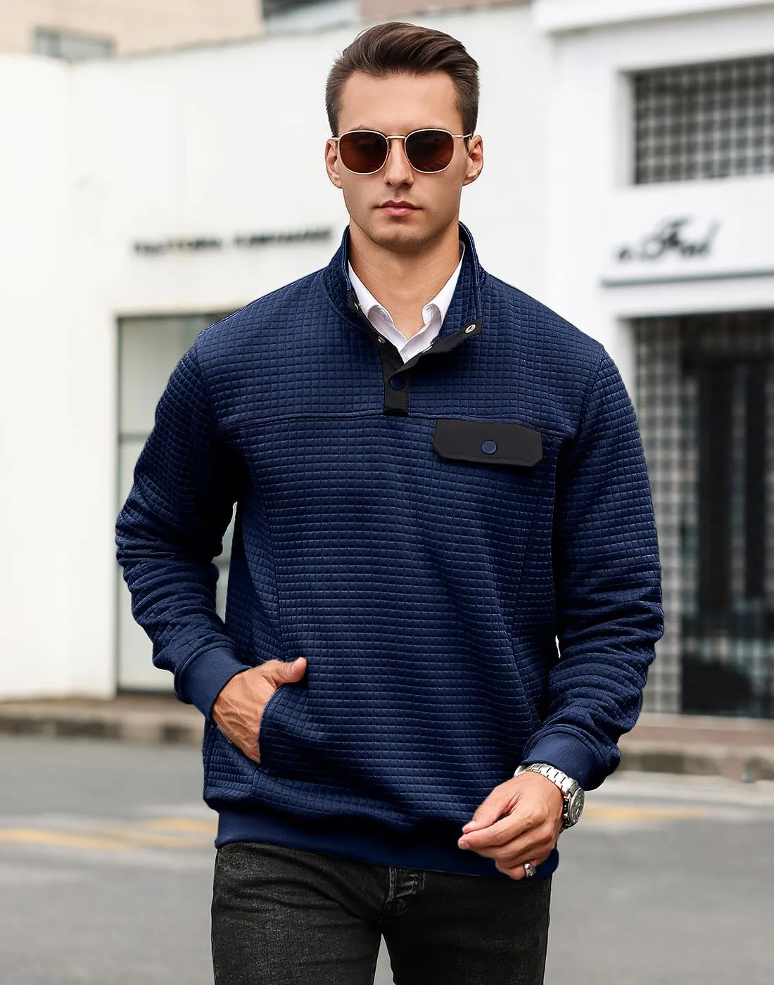 Men's Quilted Sweatshirt Casual Waffle Stand Collar Button Pullover Sweatshirts