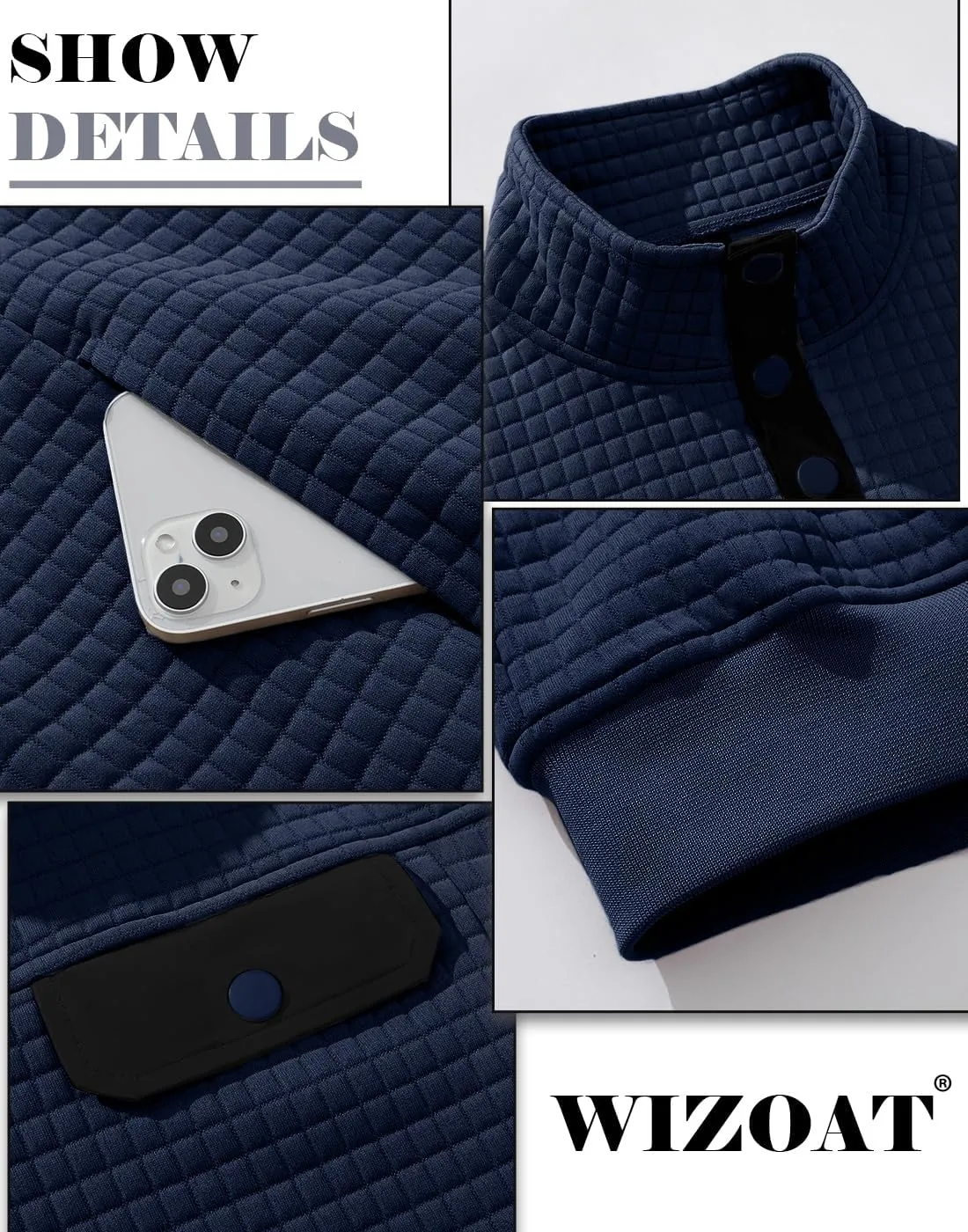 Men's Quilted Sweatshirt Casual Waffle Stand Collar Button Pullover Sweatshirts