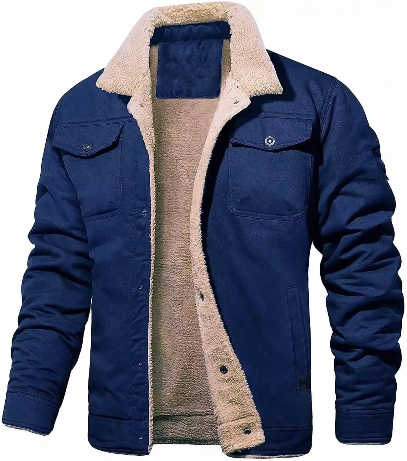Men's Sherpa Lined Jacket Fleece Cargo Coats Button Down Lapel Coat Vintage Casual Outwears Winter Trendy Overcoats