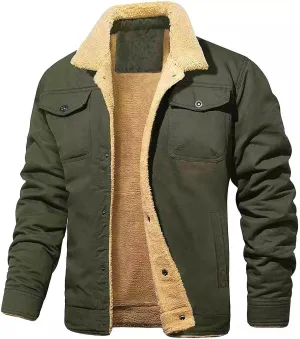Men's Sherpa Lined Jacket Fleece Cargo Coats Button Down Lapel Coat Vintage Casual Outwears Winter Trendy Overcoats