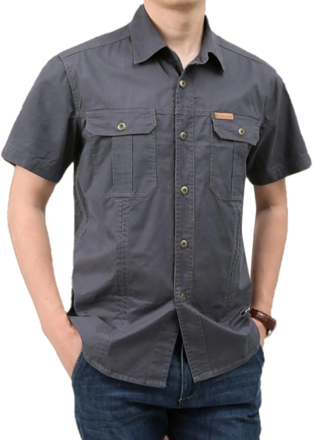 Mens Short Sleeve Cargo Work Shirt Button Down Cotton Dress Shirt Utility Outdoor Military Workout Hiking T Shirts