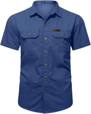 Mens Short Sleeve Cargo Work Shirt Button Down Cotton Dress Shirt Utility Outdoor Military Workout Hiking T Shirts