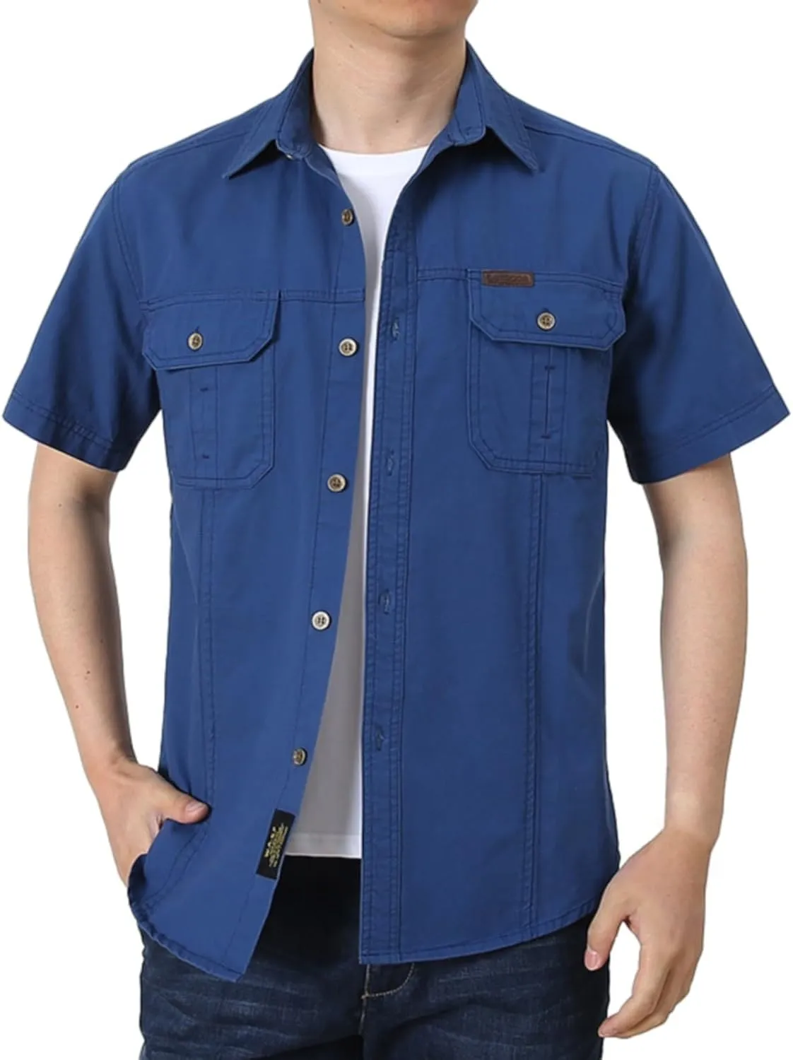 Mens Short Sleeve Cargo Work Shirt Button Down Cotton Dress Shirt Utility Outdoor Military Workout Hiking T Shirts