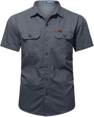 Mens Short Sleeve Cargo Work Shirt Button Down Cotton Dress Shirt Utility Outdoor Military Workout Hiking T Shirts