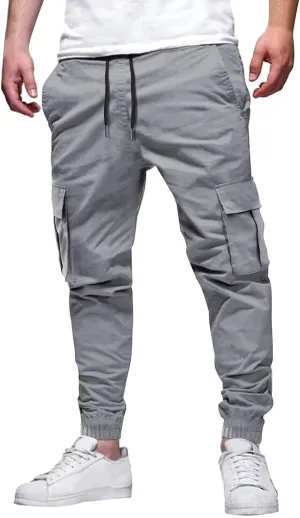 Men's Sweatpants Casual Solid Color Drawstring Elastic Waist Comfy Trousers Multiple Pockets Flowy Outdoor Cargo Pants