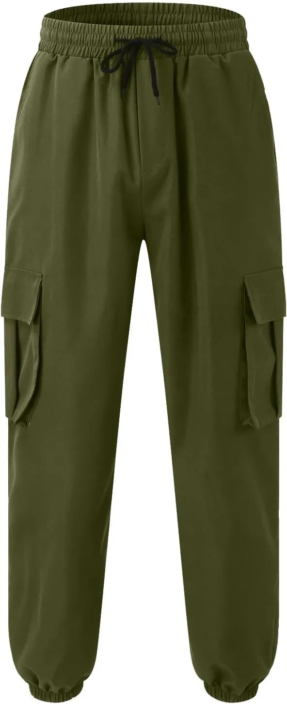 Men's Sweatpants Casual Solid Color Drawstring Elastic Waist Comfy Trousers Multiple Pockets Flowy Outdoor Cargo Pants