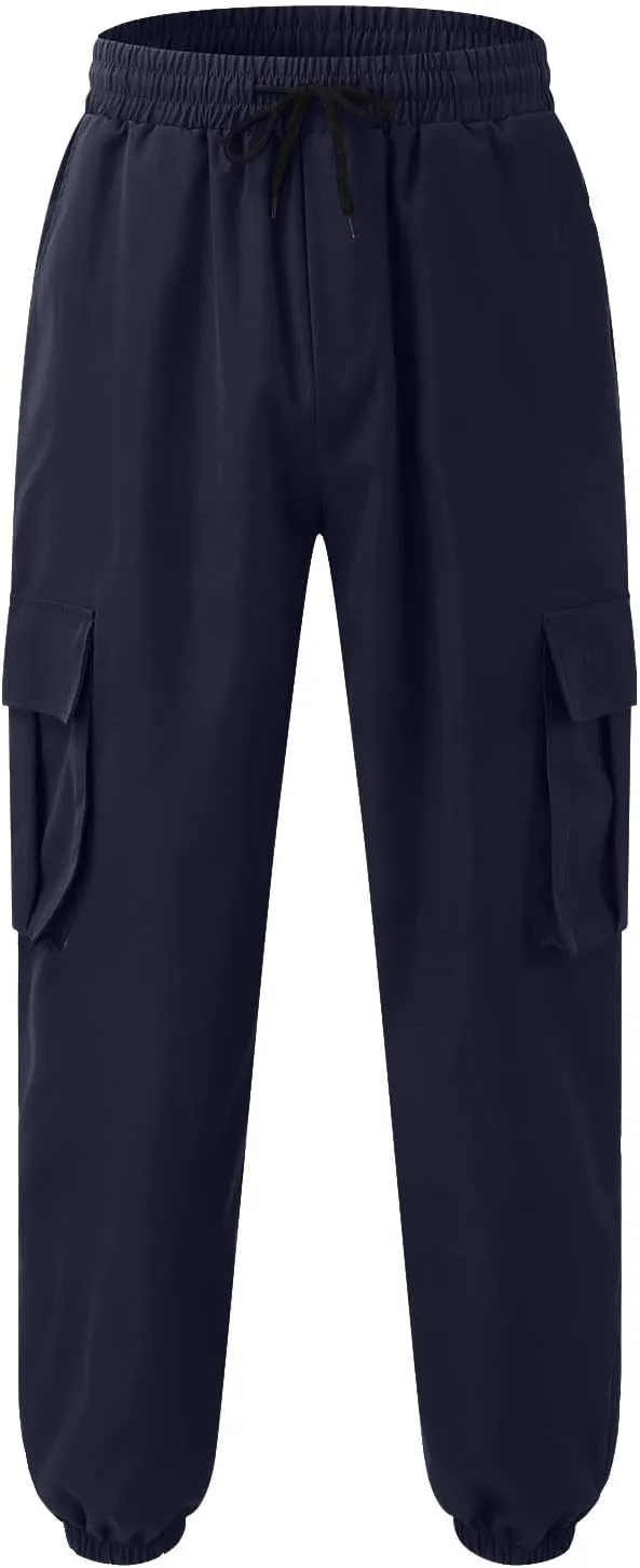 Men's Sweatpants Casual Solid Color Drawstring Elastic Waist Comfy Trousers Multiple Pockets Flowy Outdoor Cargo Pants