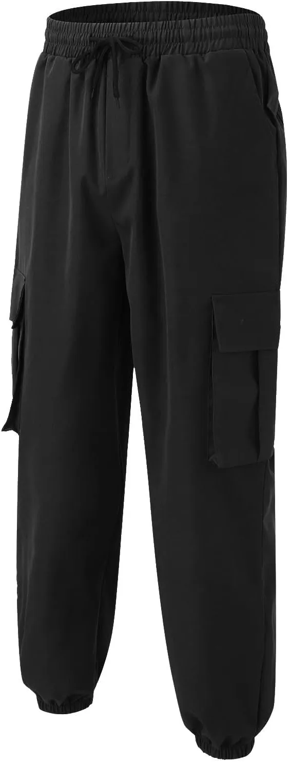 Men's Sweatpants Casual Solid Color Drawstring Elastic Waist Comfy Trousers Multiple Pockets Flowy Outdoor Cargo Pants