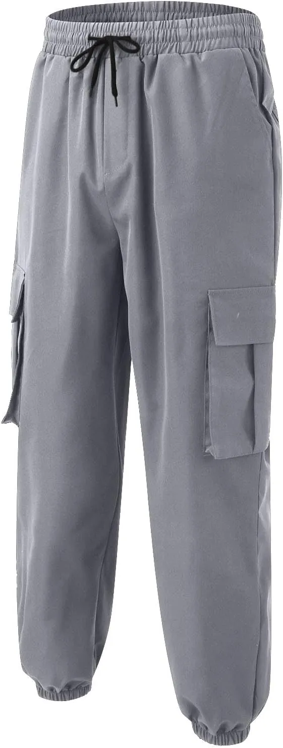 Men's Sweatpants Casual Solid Color Drawstring Elastic Waist Comfy Trousers Multiple Pockets Flowy Outdoor Cargo Pants