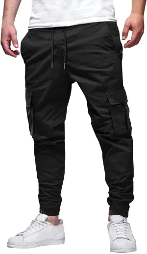 Men's Sweatpants Casual Solid Color Drawstring Elastic Waist Comfy Trousers Multiple Pockets Flowy Outdoor Cargo Pants