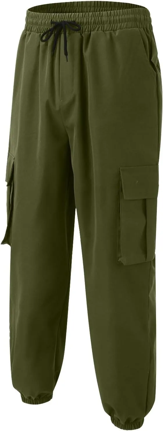 Men's Sweatpants Casual Solid Color Drawstring Elastic Waist Comfy Trousers Multiple Pockets Flowy Outdoor Cargo Pants