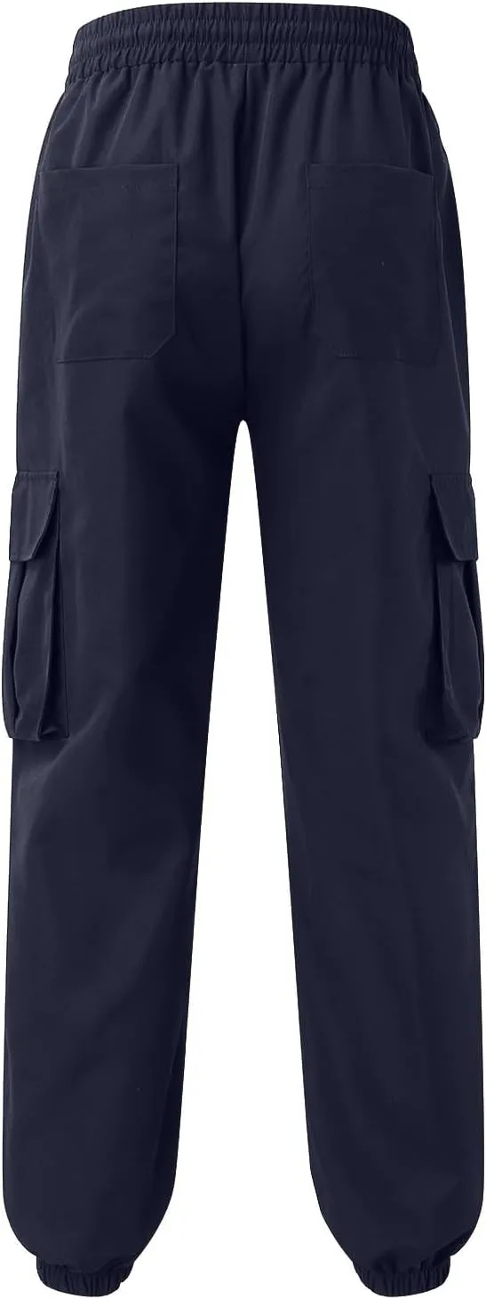 Men's Sweatpants Casual Solid Color Drawstring Elastic Waist Comfy Trousers Multiple Pockets Flowy Outdoor Cargo Pants