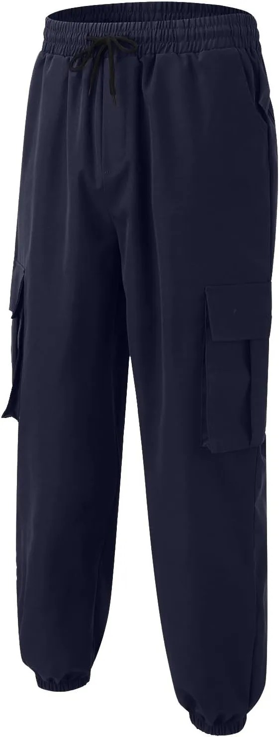 Men's Sweatpants Casual Solid Color Drawstring Elastic Waist Comfy Trousers Multiple Pockets Flowy Outdoor Cargo Pants