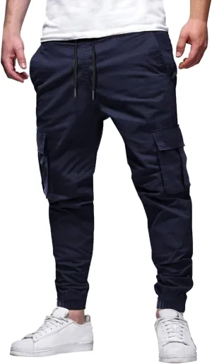 Men's Sweatpants Casual Solid Color Drawstring Elastic Waist Comfy Trousers Multiple Pockets Flowy Outdoor Cargo Pants