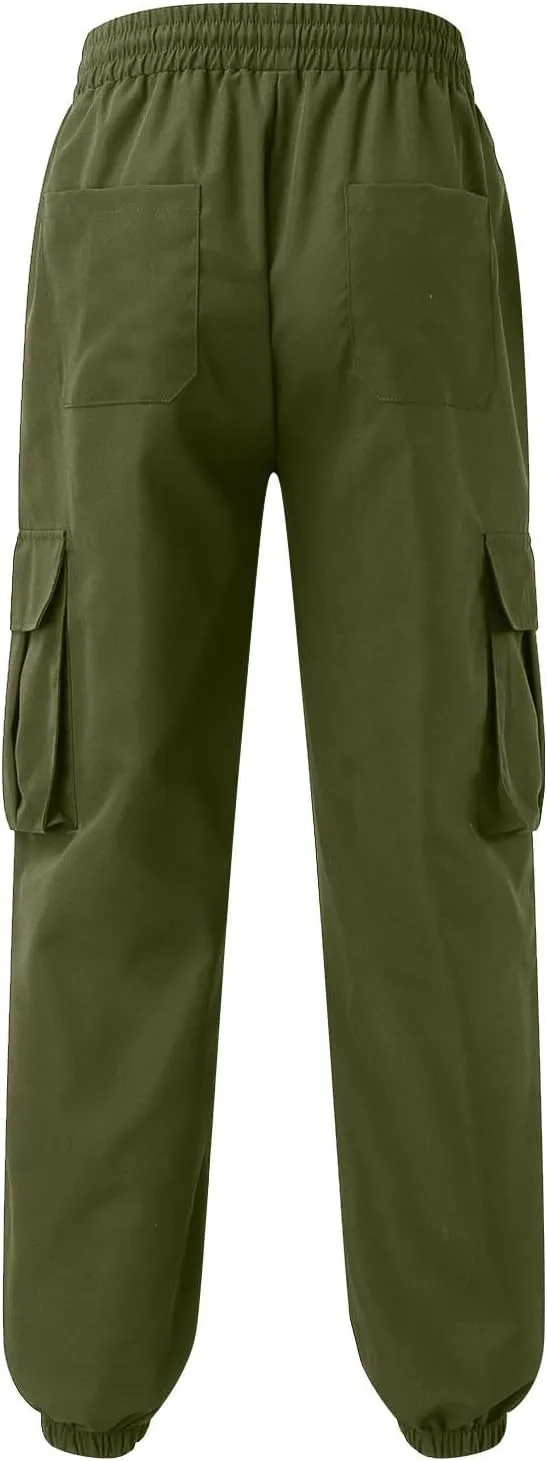 Men's Sweatpants Casual Solid Color Drawstring Elastic Waist Comfy Trousers Multiple Pockets Flowy Outdoor Cargo Pants