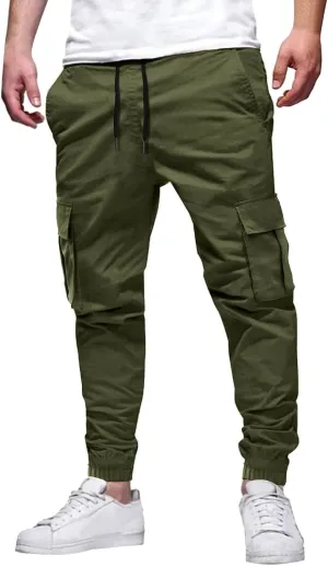 Men's Sweatpants Casual Solid Color Drawstring Elastic Waist Comfy Trousers Multiple Pockets Flowy Outdoor Cargo Pants