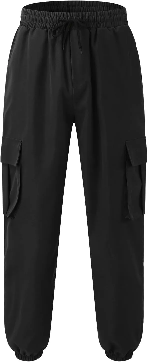 Men's Sweatpants Casual Solid Color Drawstring Elastic Waist Comfy Trousers Multiple Pockets Flowy Outdoor Cargo Pants