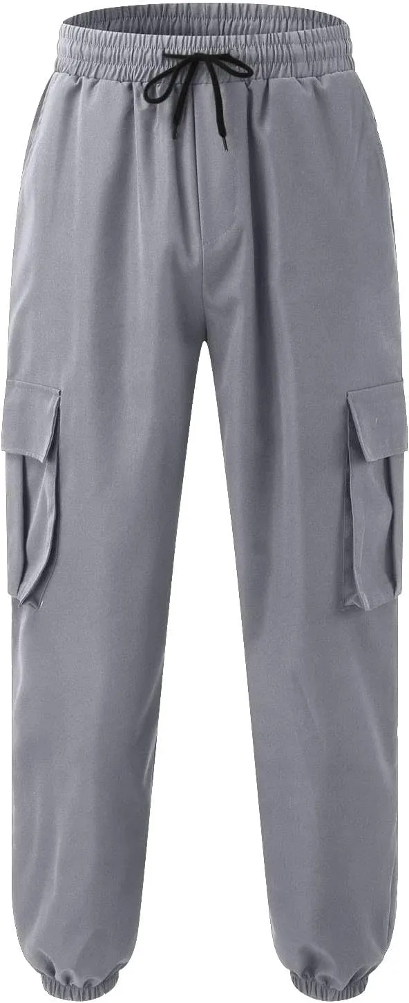 Men's Sweatpants Casual Solid Color Drawstring Elastic Waist Comfy Trousers Multiple Pockets Flowy Outdoor Cargo Pants