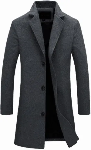 Mens Trench Coat Notched Collar Single Breasted Mid Length Peacoat Winter Overcoat with Pockets Warm Windbreaker
