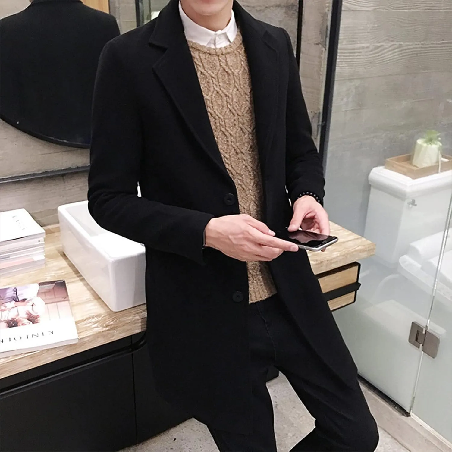 Mens Trench Coat Notched Collar Single Breasted Mid Length Peacoat Winter Overcoat with Pockets Warm Windbreaker