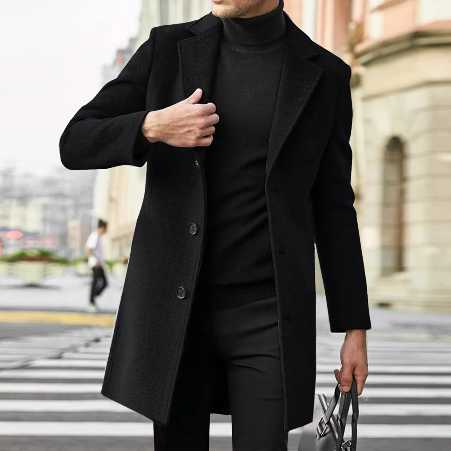Mens Trench Coat Notched Collar Single Breasted Mid Length Peacoat Winter Overcoat with Pockets Warm Windbreaker
