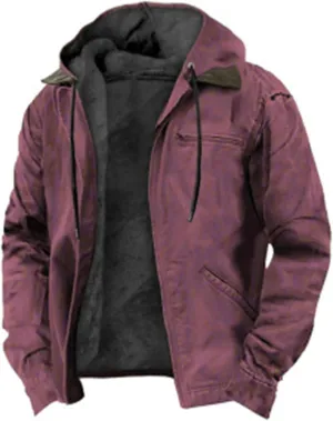 Men's Vintage Sherpa Jacket Fleece Lined Windbreaker Winter Casual Trend Zipper Hooded Coat Heavy Work Warm Outerwear