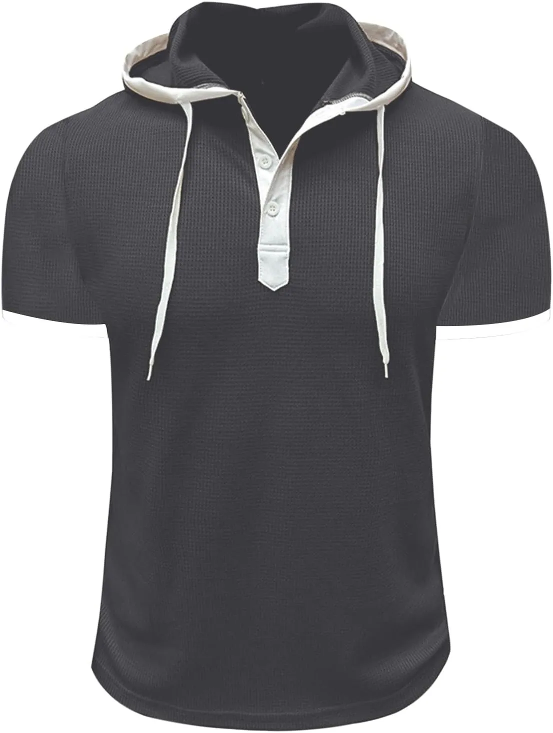 Mens Waffle Hoodie Shirts Short Sleeve Workout Gym Sweatshirt Muscle Fit Fashion Athletic Hood Pullover Cotton Hooded Tshirt