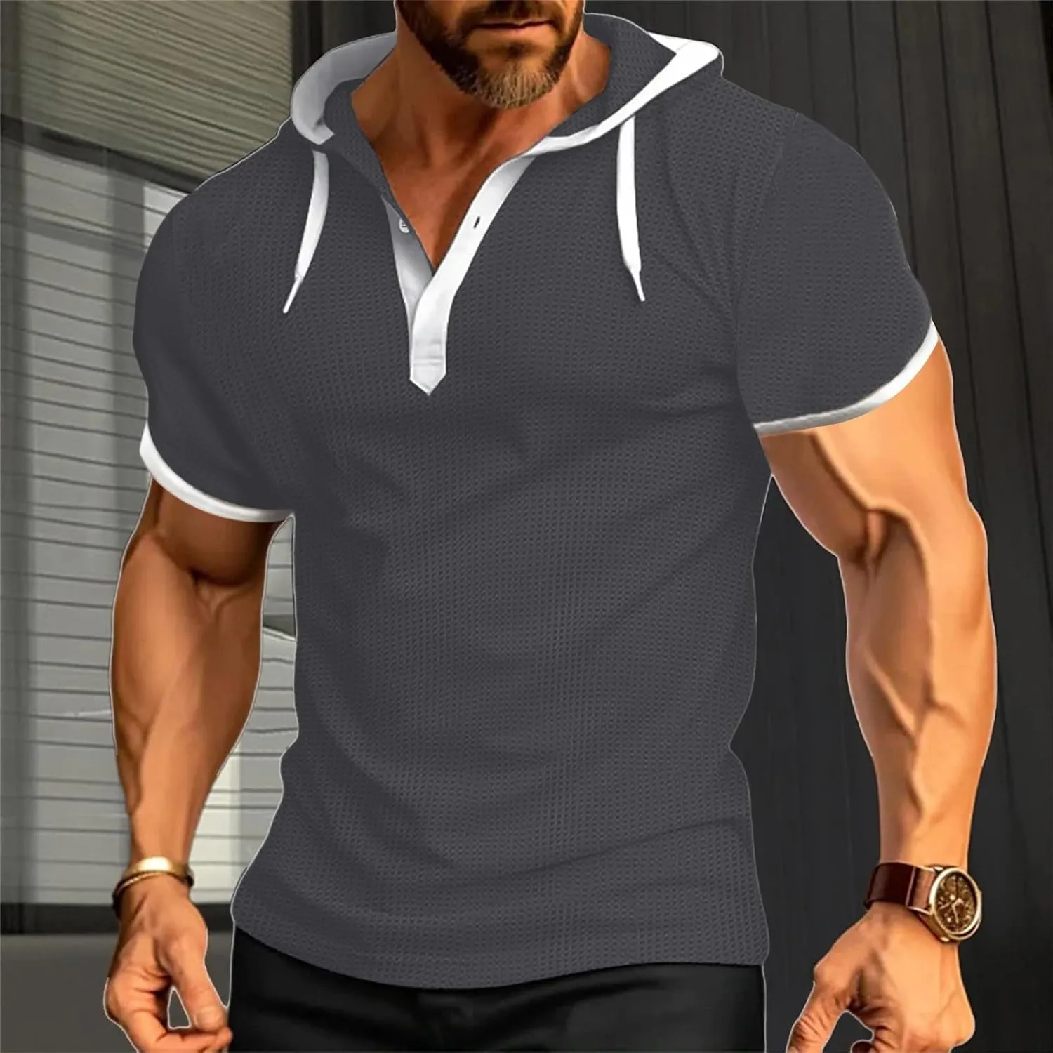 Mens Waffle Hoodie Shirts Short Sleeve Workout Gym Sweatshirt Muscle Fit Fashion Athletic Hood Pullover Cotton Hooded Tshirt