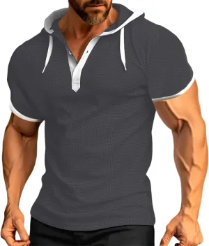 Mens Waffle Hoodie Shirts Short Sleeve Workout Gym Sweatshirt Muscle Fit Fashion Athletic Hood Pullover Cotton Hooded Tshirt