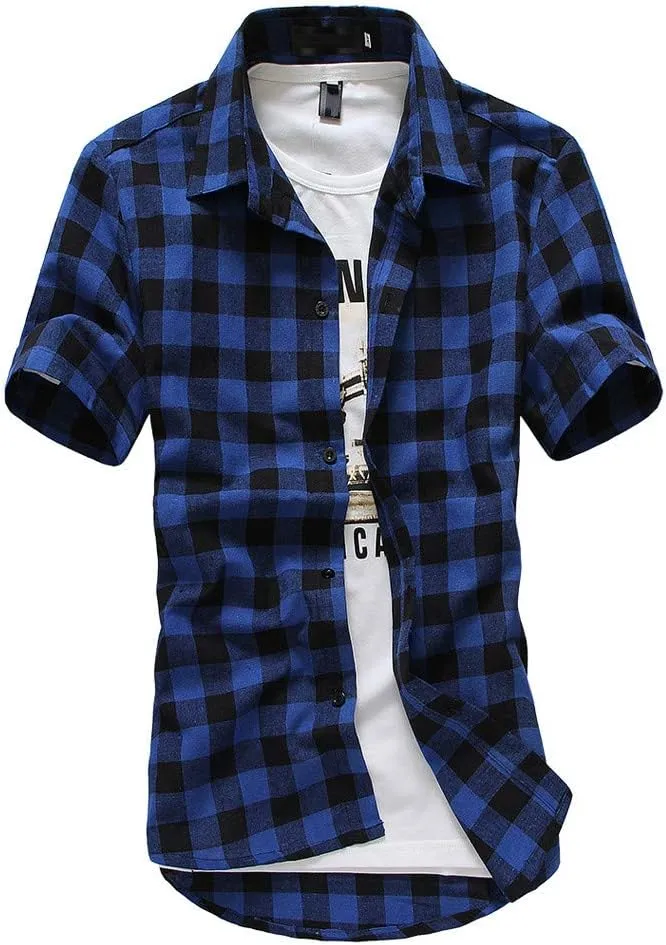 Mens Western Cowboy Short Sleeve Pearl Snap Casual Plaid Work Shirts Casual Summer Button Down Gingham Dress Shirts