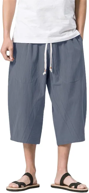 Mmoneyake Mens Linen Harem Capri Pants Loose Fit 3/4 Shorts Drawstring Elastic Waist Beach Yoga Trousers Baggy Wide Leg Pants