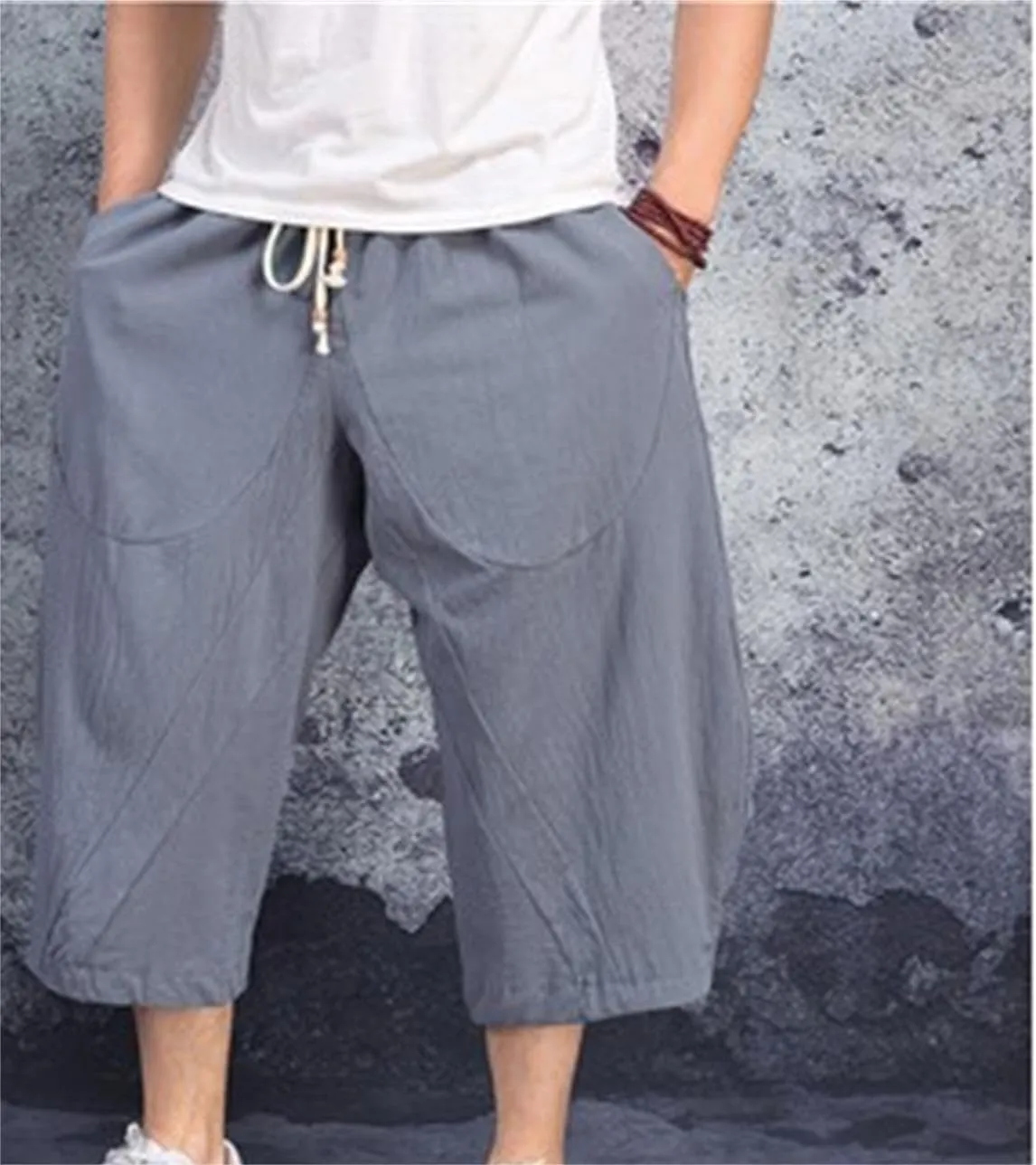 Mmoneyake Mens Linen Harem Capri Pants Loose Fit 3/4 Shorts Drawstring Elastic Waist Beach Yoga Trousers Baggy Wide Leg Pants