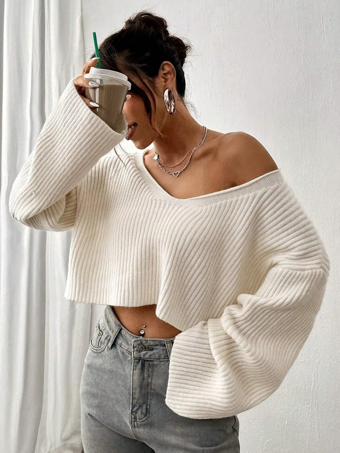 Narecte Women Cropped Sweater V Neck Sweaters Woman Long Sleeve Drop Shoulder Pullover Womens Sweaters Fall Sweaters
