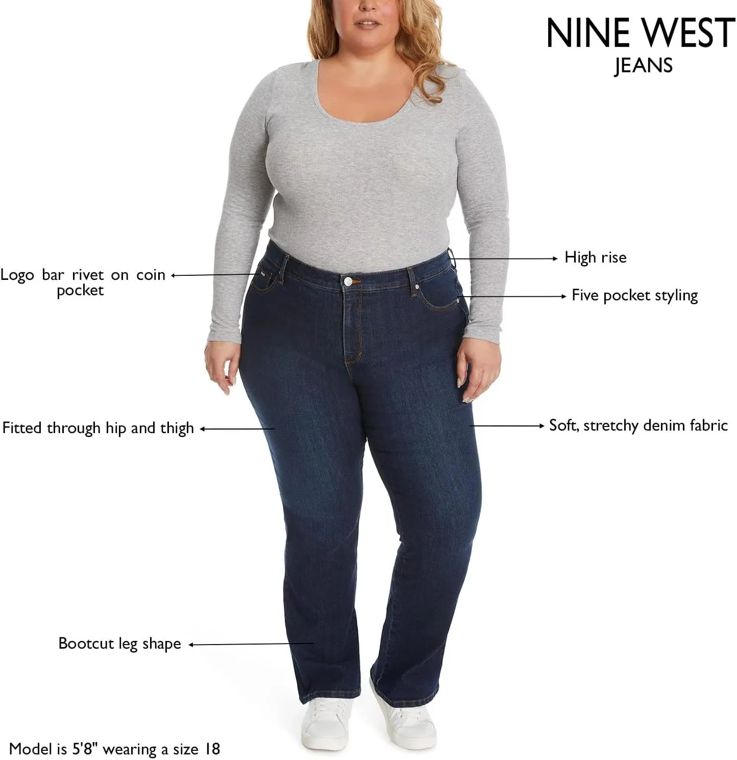 Nine West Women's Plus Size Bootcut Jeans for Women, High-Rise Trendy Stretch Denim Pants