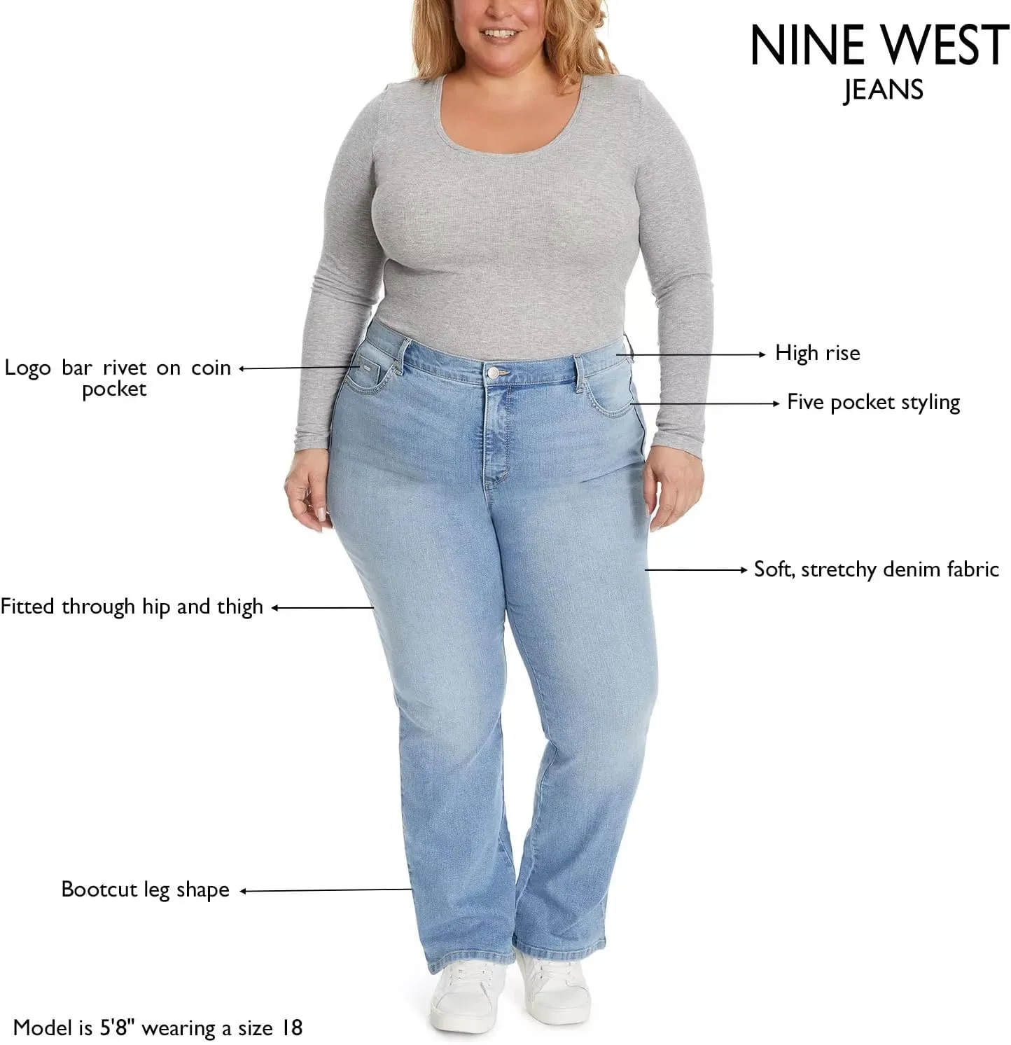 Nine West Women's Plus Size Bootcut Jeans for Women, High-Rise Trendy Stretch Denim Pants