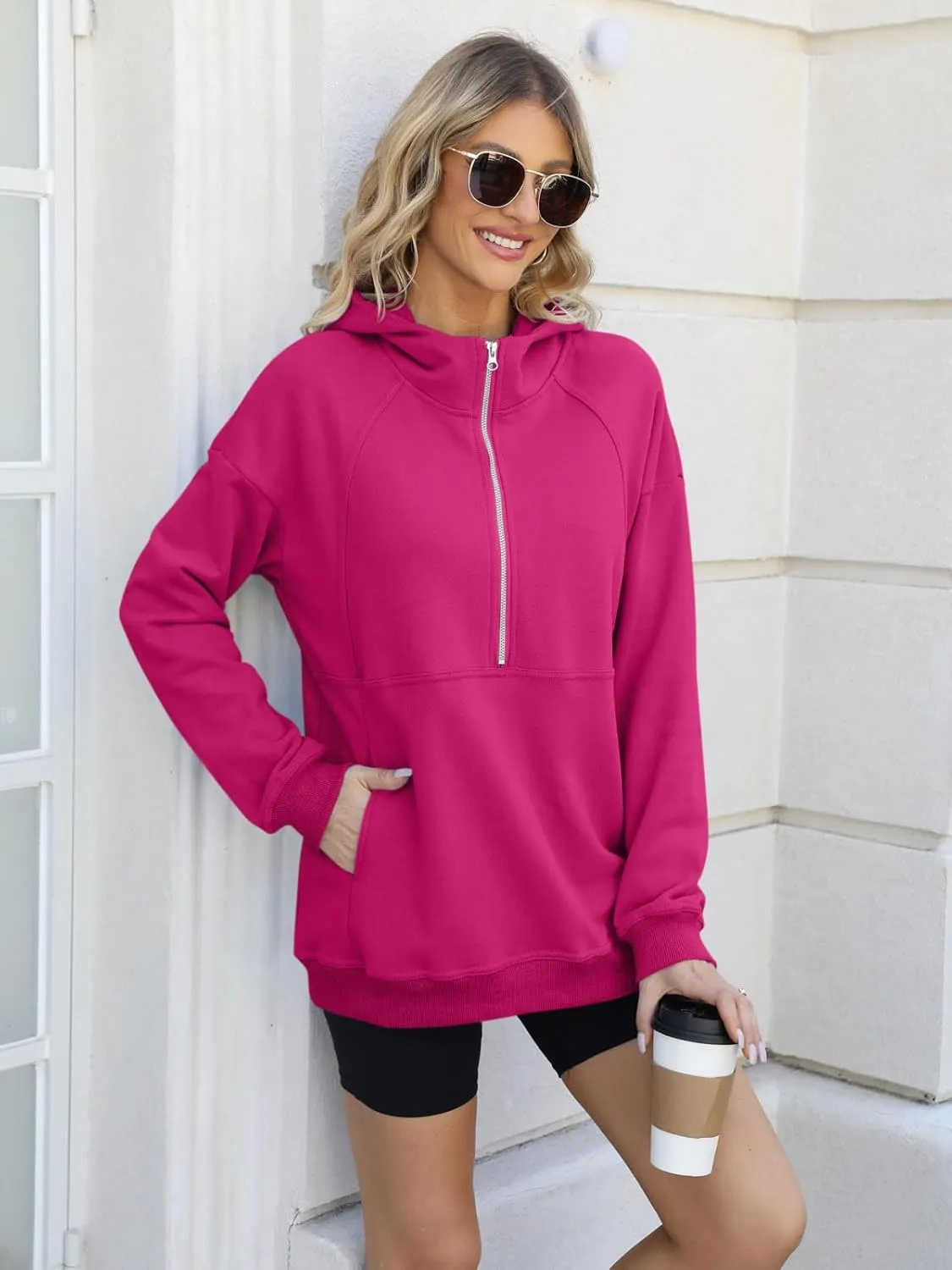 PGANDS Women's Long Sleeve Fleece Lined Hoodies Half Zip Collar Zipper Loose Hooded Sweatshirts