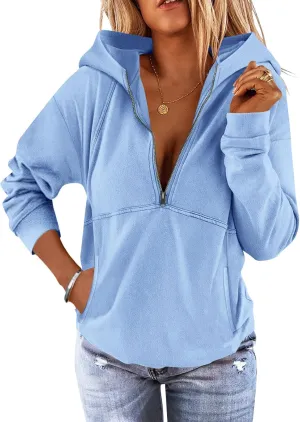 PGANDS Women's Long Sleeve Fleece Lined Hoodies Half Zip Collar Zipper Loose Hooded Sweatshirts