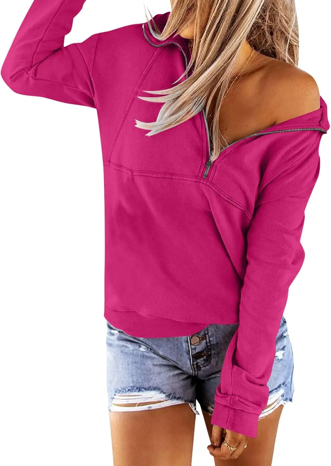 PGANDS Women's Long Sleeve Fleece Lined Hoodies Half Zip Collar Zipper Loose Hooded Sweatshirts