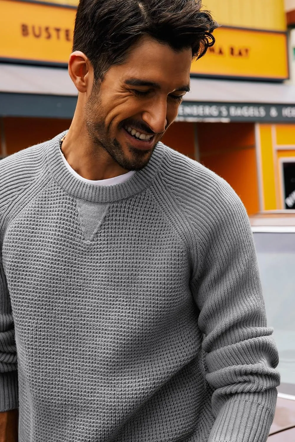 PJ PAUL JONES Mens Crewneck Sweater Waffle Knitted Pullover Sweaters Raglan Sleeve Knitwear Sweaters