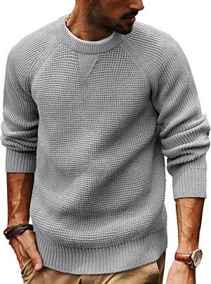 PJ PAUL JONES Mens Crewneck Sweater Waffle Knitted Pullover Sweaters Raglan Sleeve Knitwear Sweaters