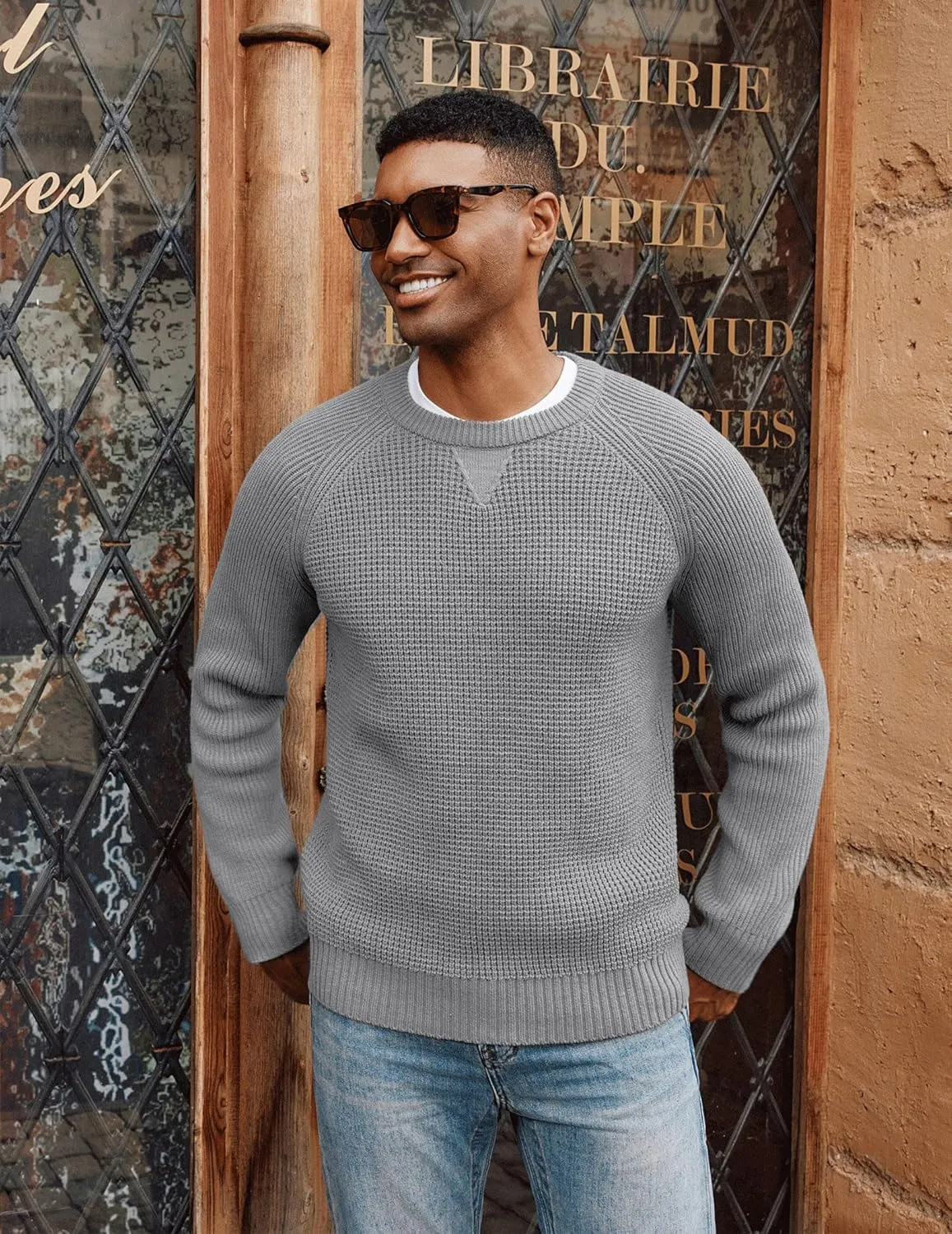 PJ PAUL JONES Mens Crewneck Sweater Waffle Knitted Pullover Sweaters Raglan Sleeve Knitwear Sweaters