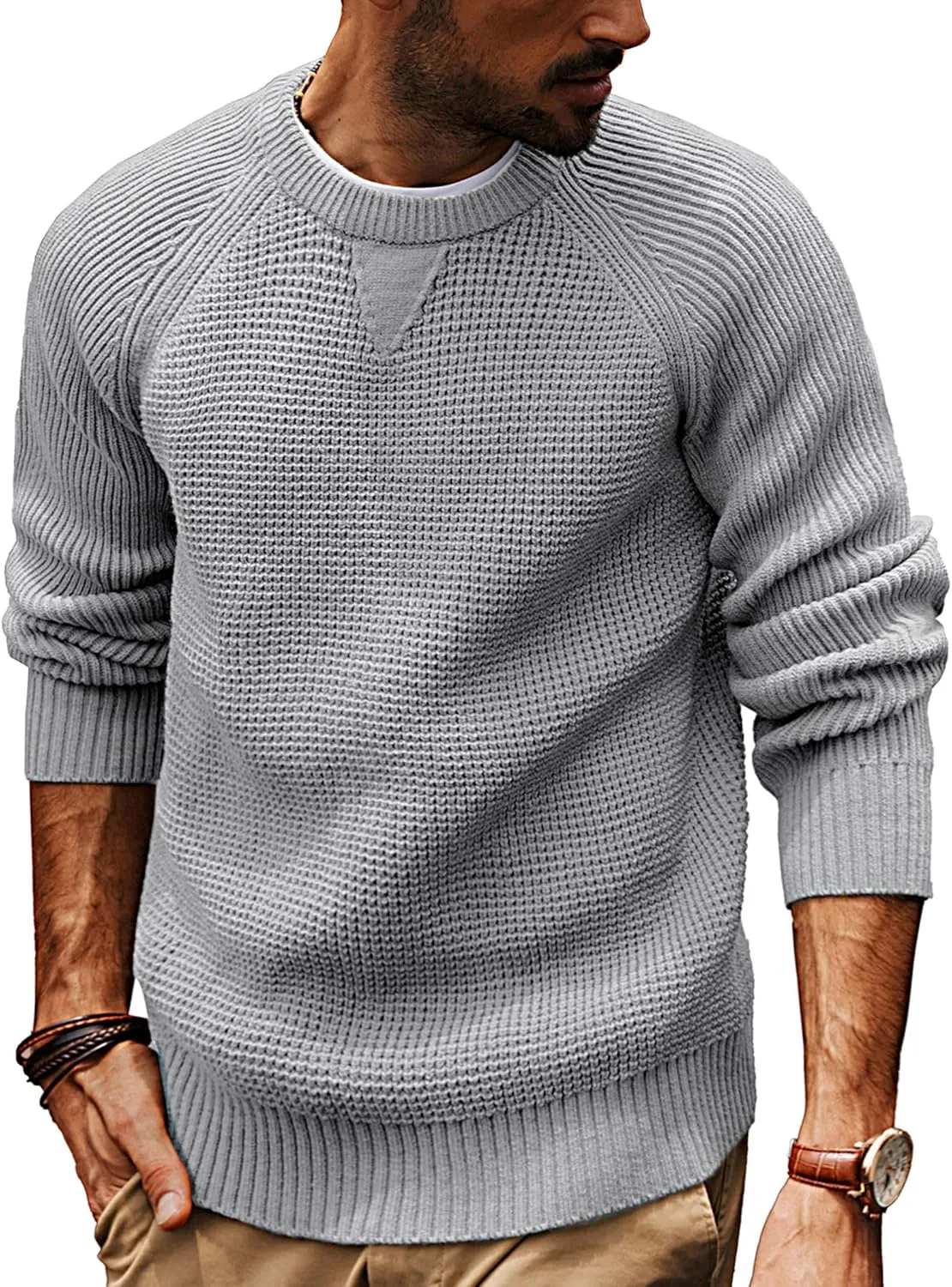 PJ PAUL JONES Mens Crewneck Sweater Waffle Knitted Pullover Sweaters Raglan Sleeve Knitwear Sweaters