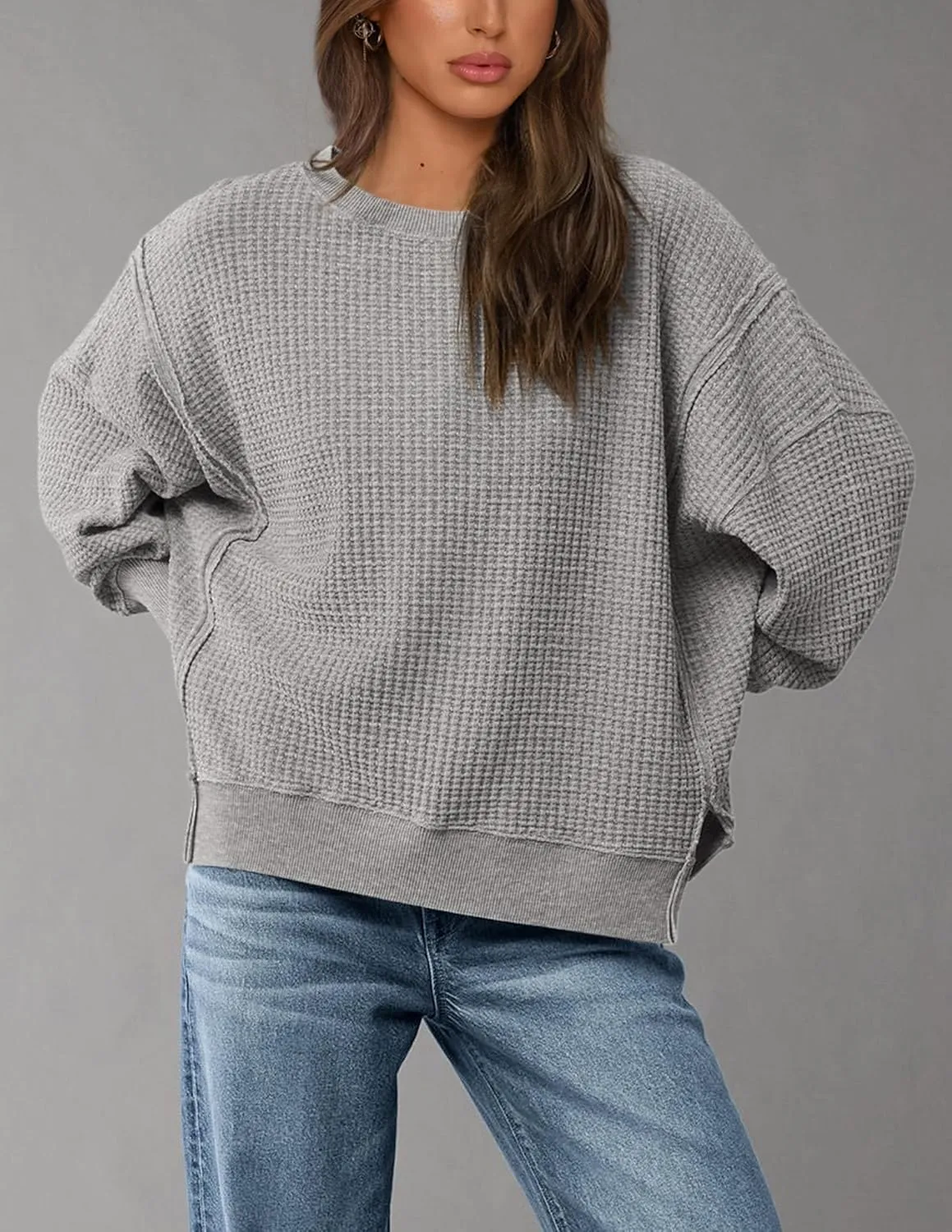 PRETTYGARDEN Women's Oversized Crewneck Sweatshirts Fall Fashion Casual Long Sleeve Pullover Waffle Knit Spring Shirts Top