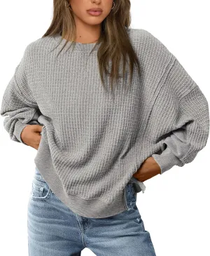 PRETTYGARDEN Women's Oversized Crewneck Sweatshirts Fall Fashion Casual Long Sleeve Pullover Waffle Knit Spring Shirts Top