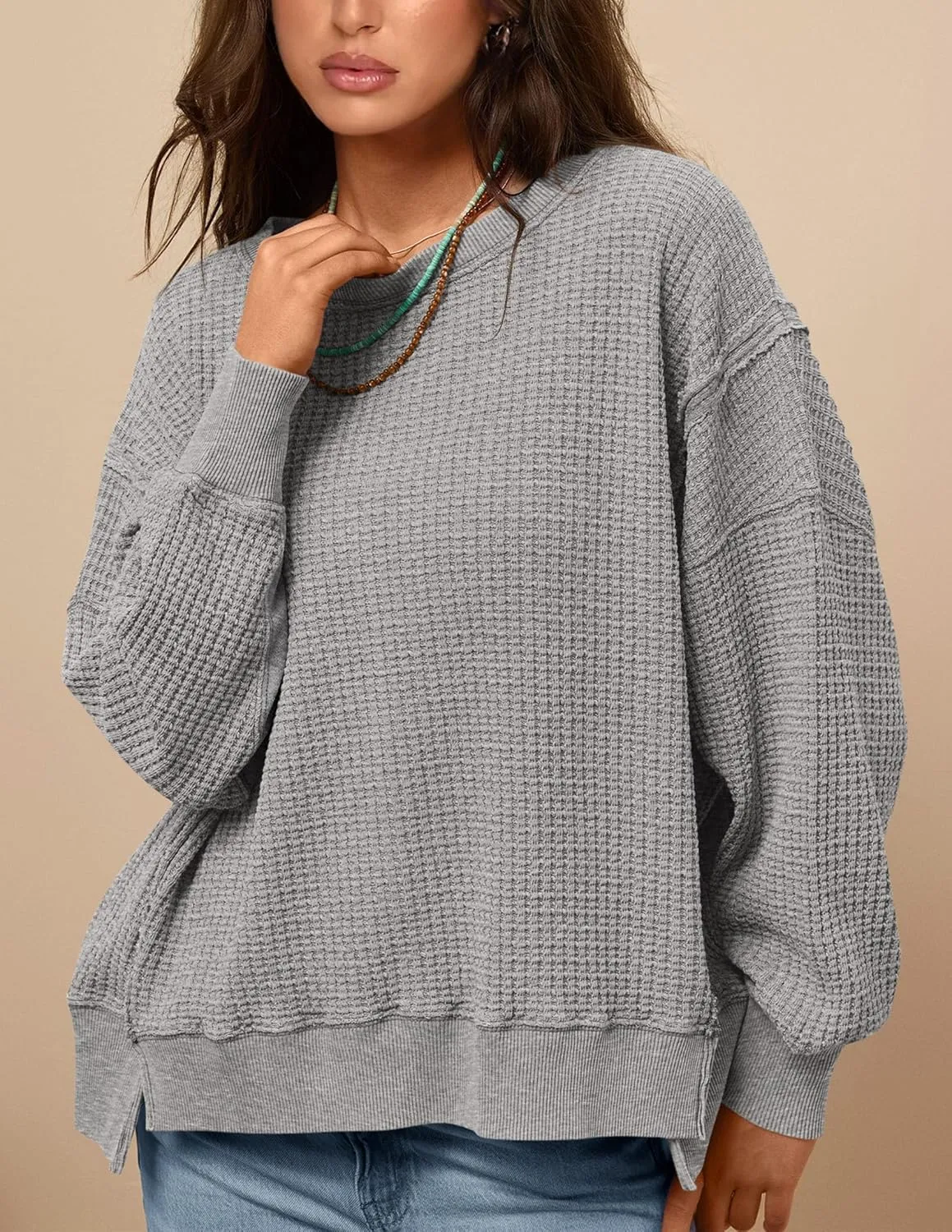 PRETTYGARDEN Women's Oversized Crewneck Sweatshirts Fall Fashion Casual Long Sleeve Pullover Waffle Knit Spring Shirts Top