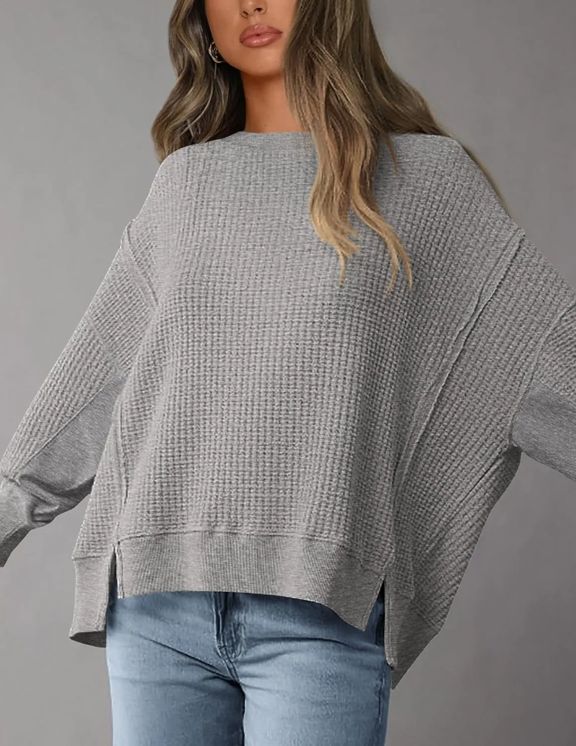 PRETTYGARDEN Women's Oversized Crewneck Sweatshirts Fall Fashion Casual Long Sleeve Pullover Waffle Knit Spring Shirts Top