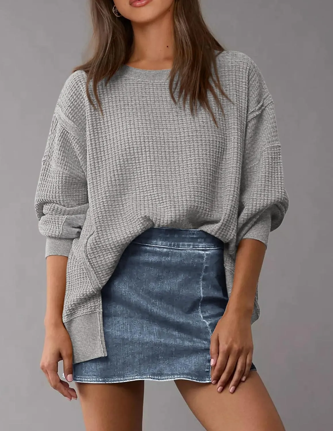 PRETTYGARDEN Women's Oversized Crewneck Sweatshirts Fall Fashion Casual Long Sleeve Pullover Waffle Knit Spring Shirts Top