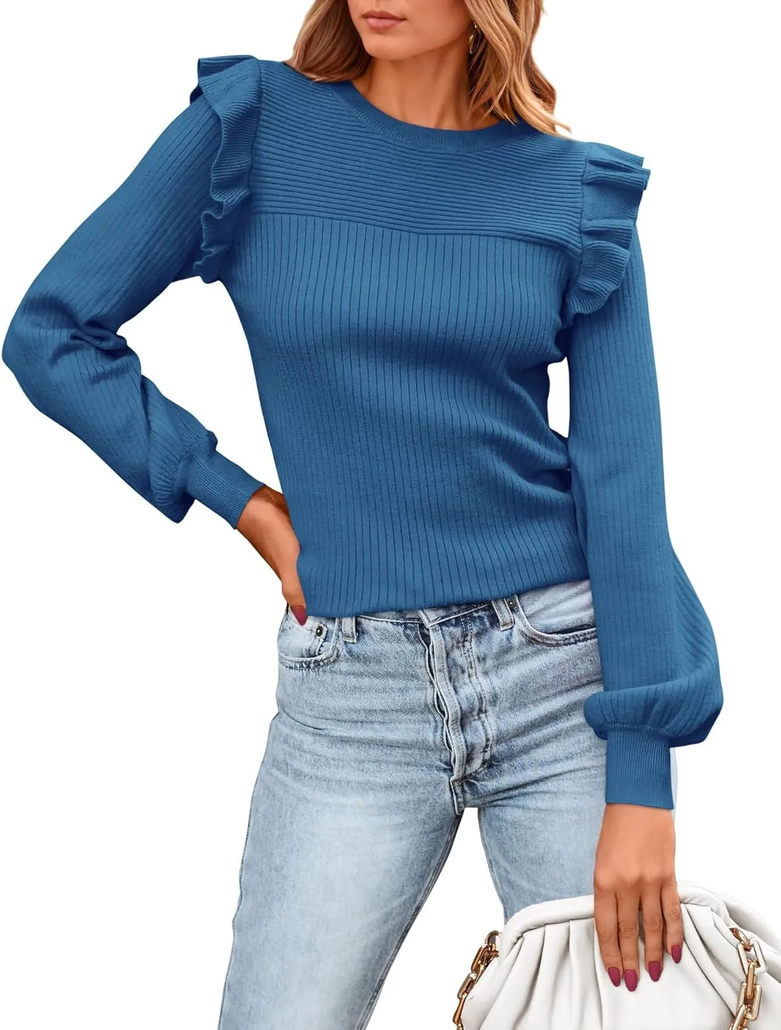 PRETTYGARDEN Women's Ruffle Shoulder Long Sleeve Sweaters Crew Neck Lightweight Sweater 2025 Fall Ribbed Knit Pullover Tops