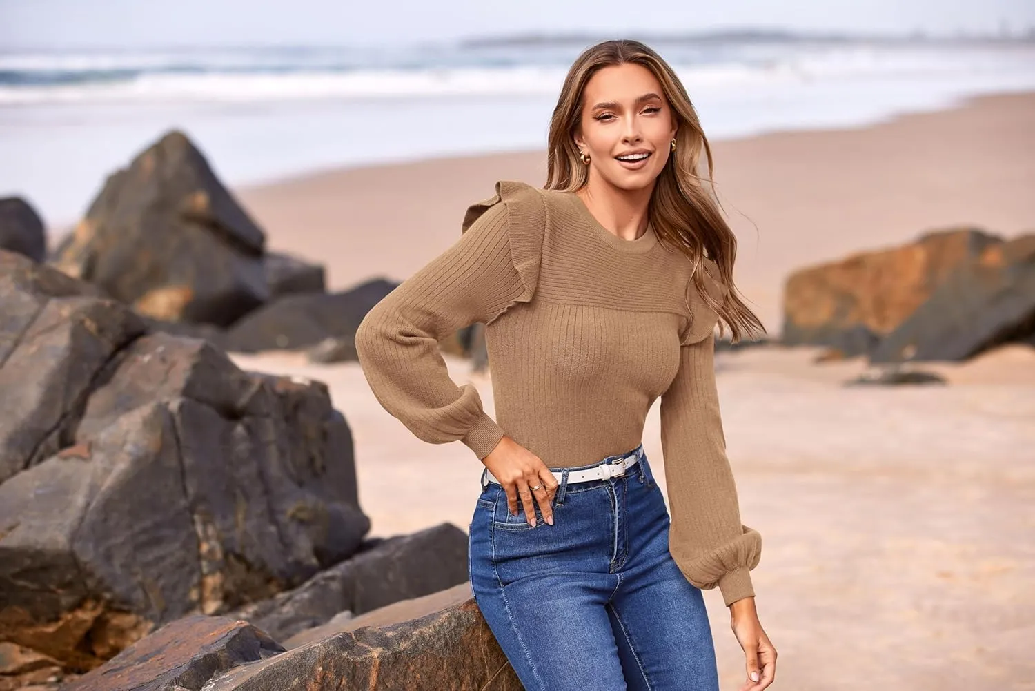 PRETTYGARDEN Women's Ruffle Shoulder Long Sleeve Sweaters Crew Neck Lightweight Sweater 2025 Fall Ribbed Knit Pullover Tops